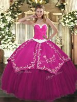 Flare Satin and Tulle Sweetheart Sleeveless Lace Up Appliques and Embroidery Sweet 16 Dress in Fuchsia