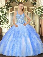 Great Sleeveless Lace Up Floor Length Beading and Ruffles 15 Quinceanera Dress