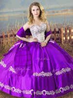 Smart Sweetheart Sleeveless Vestidos de Quinceanera Floor Length Beading and Embroidery Purple Satin