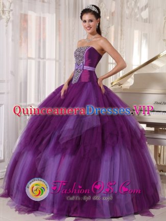 Tulle Beading and Bowknot For Elegant Strapless Purple ruffled Quinceanera Dress In Wa Keeney Kansas/KS