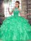 Turquoise Ball Gowns Halter Top Sleeveless Organza Floor Length Lace Up Beading and Ruffles Ball Gown Prom Dress