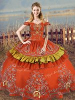 Vintage Ball Gowns Quinceanera Gown Rust Red Off The Shoulder Satin and Organza Sleeveless Floor Length Lace Up