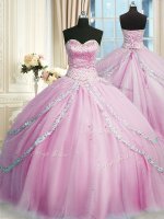 Sweetheart Sleeveless Vestidos de Quinceanera With Train Court Train Beading and Appliques Lilac Tulle