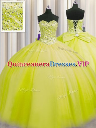 Really Puffy Yellow Green Tulle Lace Up Quinceanera Dress Sleeveless Floor Length Beading