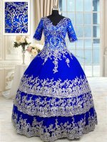 Amazing Royal Blue Ball Gowns V-neck Half Sleeves Satin and Tulle Floor Length Zipper Appliques and Ruffled Layers Quinceanera Dresses