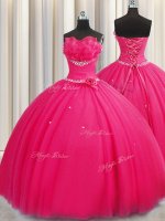 Handcrafted Flower Beading and Sequins and Hand Made Flower Sweet 16 Dress Hot Pink Lace Up Sleeveless Floor Length