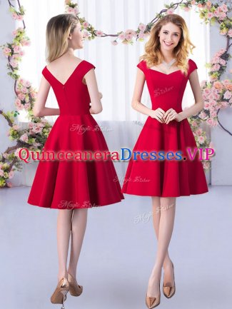 Red A-line Ruching Damas Dress Zipper Satin Cap Sleeves Knee Length