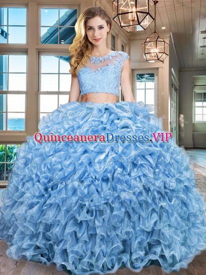 Scoop Baby Blue Organza Zipper Vestidos de Quinceanera Cap Sleeves Floor Length Beading and Appliques and Ruffles - Click Image to Close