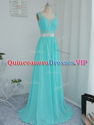 Classical Scoop Sleeveless Chiffon Dama Dress for Quinceanera Beading and Lace Sweep Train Side Zipper