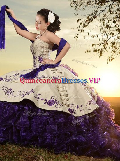 Beauteous Sleeveless Organza and Taffeta With Brush Train Lace Up Quinceanera Gown in White And Purple with Embroidery and Ruffles - Click Image to Close