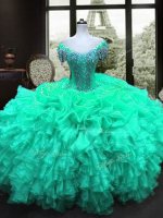 Turquoise Cap Sleeves Organza Lace Up Quince Ball Gowns for Military Ball and Sweet 16 and Quinceanera