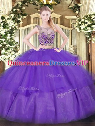 Sleeveless Floor Length Beading and Ruffled Layers Lace Up Sweet 16 Dresses with Purple