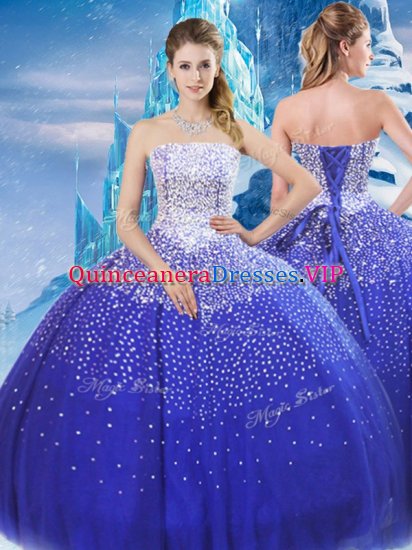 Beauteous Blue Lace Up Quinceanera Gown Beading Sleeveless Floor Length - Click Image to Close