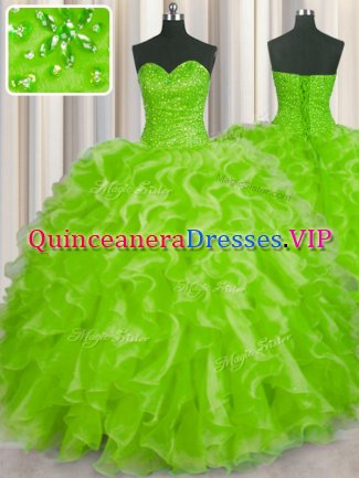 Spectacular Yellow Green Sleeveless Floor Length Beading and Ruffles Lace Up Vestidos de Quinceanera