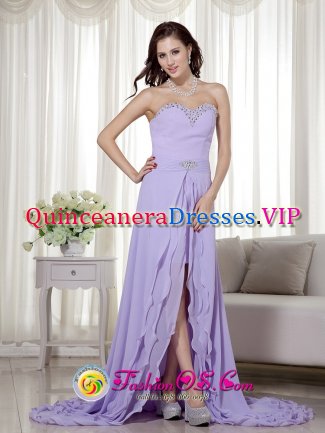 Koloa Hawaii/HI Sweetheart Brush Train Column / Sheath Chiffon Lilac Detachable Romantic Quinceanera Dama Dress With Beading