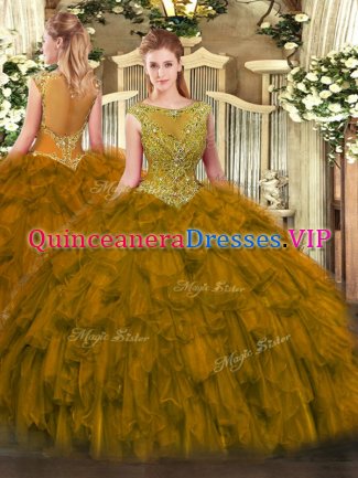 Edgy Floor Length Brown Quinceanera Gowns Scoop Sleeveless Zipper