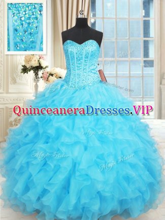 Trendy Ruffled Floor Length Ball Gowns Sleeveless Aqua Blue Sweet 16 Dress Lace Up