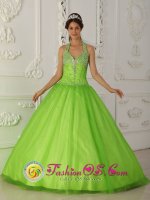 Benson Arizona/AZ A-line Popular Spring Green Halter-top Quinceanera Gowns With Tulle Beaded Decorate(SKU QDZY347-BBIZ)