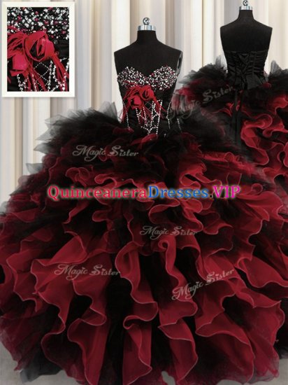 High Class Red And Black Organza and Tulle Lace Up Sweetheart Sleeveless Floor Length Sweet 16 Quinceanera Dress Beading and Ruffles - Click Image to Close