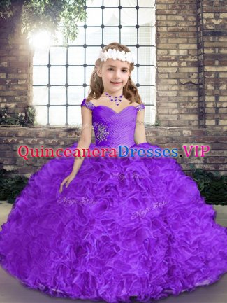 Dramatic Purple Ball Gowns Beading Pageant Gowns Lace Up Fabric With Rolling Flowers Sleeveless Floor Length