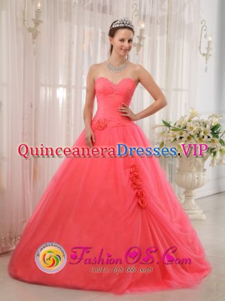 Magnolia Arkansas/AR Elegent Coral Red Sweetheart and A-line Quinceanera Dress With Hand Made Flowers Tulle