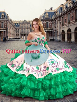 Custom Designed Green Sleeveless Organza and Taffeta Lace Up Quince Ball Gowns for Military Ball and Sweet 16 and Quinceanera