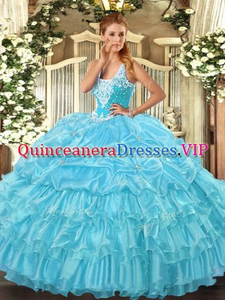 Captivating Aqua Blue Straps Neckline Beading and Ruffled Layers and Pick Ups Quinceanera Dresses Sleeveless Lace Up