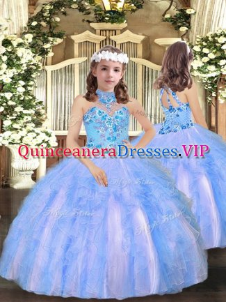 Blue Tulle Lace Up Little Girl Pageant Gowns Sleeveless Floor Length Appliques and Ruffles