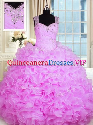 Charming Rose Pink Ball Gowns Beading and Ruffles 15th Birthday Dress Zipper Organza Sleeveless Floor Length