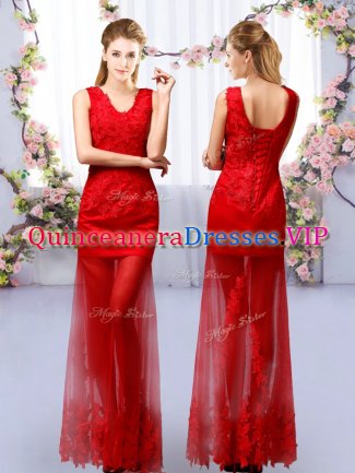 Pretty Floor Length Red Dama Dress V-neck Sleeveless Lace Up