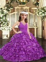 Floor Length Purple Girls Pageant Dresses V-neck Sleeveless Zipper