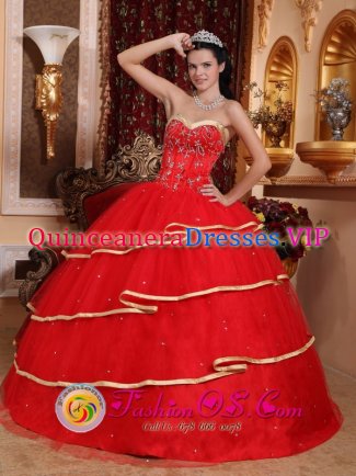 College Park Georgia/GA Stylish Red Ruffles Layered Sweetheart Ball Gown Quinceanera Dress With Satin and Tulle Beading Decorate