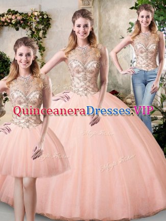 Top Selling Scoop Floor Length Lace Up Sweet 16 Quinceanera Dress Peach for Military Ball and Sweet 16 and Quinceanera with Beading