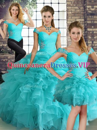 Sleeveless Organza Floor Length Lace Up 15th Birthday Dress in Aqua Blue with Beading and Ruffles and Pick Ups