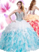 Blue And White Sweetheart Neckline Beading and Ruffles Sweet 16 Quinceanera Dress Sleeveless Lace Up