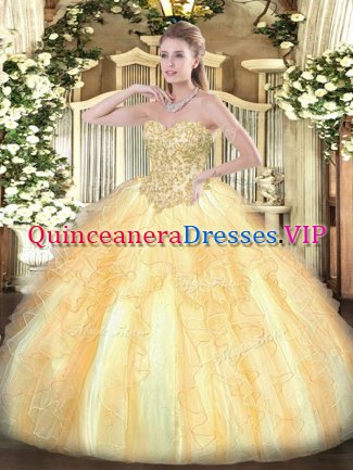 Champagne Ball Gowns Organza Sweetheart Sleeveless Appliques and Ruffles Floor Length Lace Up Quince Ball Gowns