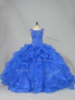 High Quality Royal Blue Lace Up Scoop Beading and Ruffles Quinceanera Dresses Organza Sleeveless Brush Train