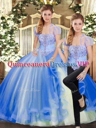 Suitable Two Pieces Sweet 16 Quinceanera Dress Blue Strapless Tulle Sleeveless Floor Length Lace Up