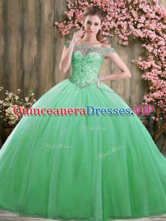 Edgy Green Off The Shoulder Neckline Beading 15 Quinceanera Dress Sleeveless Lace Up