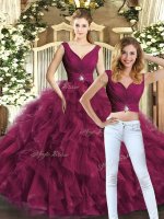 Hot Selling Burgundy V-neck Backless Beading and Ruffles 15 Quinceanera Dress Sleeveless