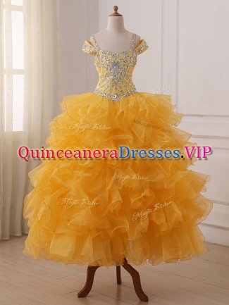 High Quality Gold Lace Up Teens Party Dress Beading and Ruffled Layers Sleeveless Floor Length