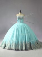 Blue 15th Birthday Dress Sweet 16 and Quinceanera with Appliques Sweetheart Sleeveless Court Train Lace Up