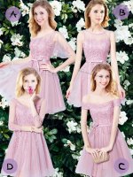 Sleeveless Tulle Mini Length Lace Up Damas Dress in Pink with Appliques and Belt