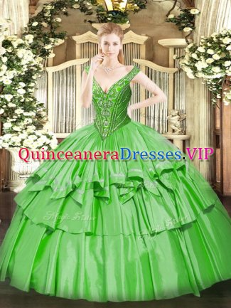 Glamorous Ball Gowns V-neck Sleeveless Organza and Taffeta Floor Length Lace Up Beading and Ruffled Layers 15 Quinceanera Dress