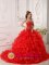 Marion Ohio/OH Ruffles and Embroidery Informal Red Quinceanera Dress Strapless Organza Brush Train Ball Gown