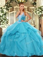 Stylish Aqua Blue Sleeveless Tulle Lace Up Vestidos de Quinceanera for Military Ball and Sweet 16 and Quinceanera