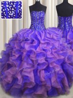 Designer Visible Boning Bling-bling Multi-color 15th Birthday Dress Military Ball and Sweet 16 and Quinceanera with Beading and Ruffles Strapless Sleeveless Lace Up