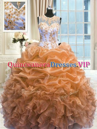 Dramatic Scoop Beading and Ruffles Sweet 16 Quinceanera Dress Orange Zipper Sleeveless Floor Length