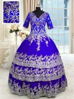 Blue V-neck Neckline Appliques and Ruffled Layers Sweet 16 Quinceanera Dress Half Sleeves Zipper