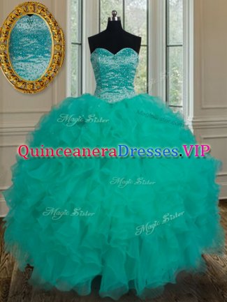 Turquoise Sleeveless Floor Length Beading and Ruffles Lace Up Quinceanera Gown